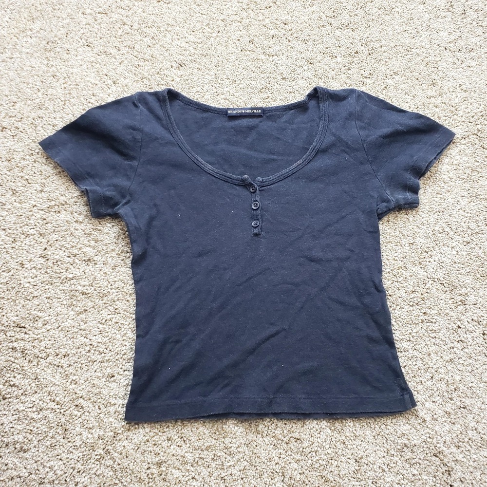 Brandy Melville Shirt Womens One Size Blue Cropped Henley Button Lightweight